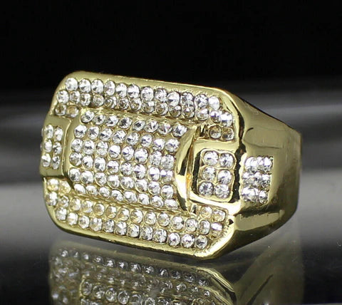 Men's Iced Pinky Ring Cz Rectangle Band 14k Gold