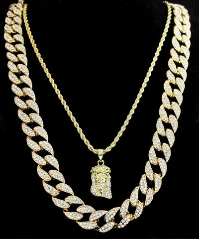 CZ Jesus Mens 2pc Set Piece 24" 30" Cuban/Rope Chains