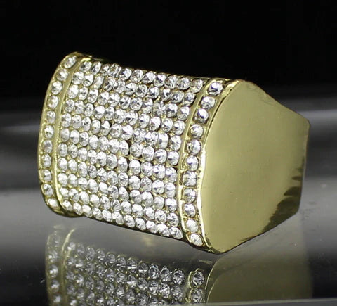 Men's Iced Pinky Ring Cz Rectangle Band 14k Gold Plated