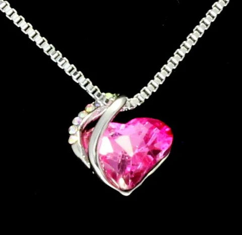 Pink Heart Shaped CZ Pendant Box Chain Necklace 