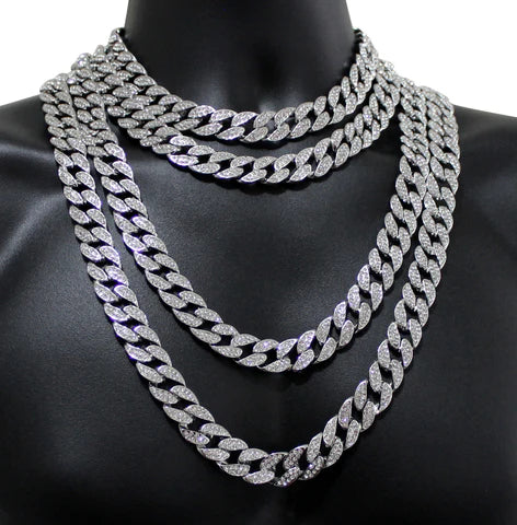 14k White Gold Plated Miami Cuban Link Iced Chain