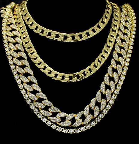 14k Gold Plated Miami Cuban 1 Row Cz  4pc Chain Set