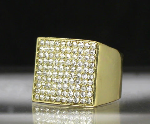 Men's Square Pinky Ring Iced Cz Band 14k Gold Plated