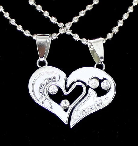 Split Heart 2pc Pendant Cubic Zirconia Ball Necklace