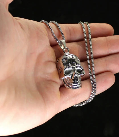 Biker Skull Head with Stars Pendant Chain