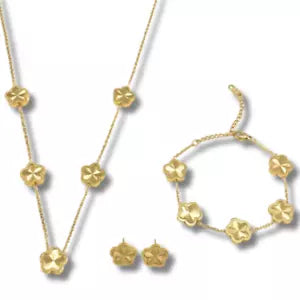 3pc Gold Plated Stainless Steel Five Leaf Clover Flower Necklace Set