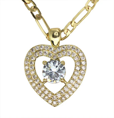 Heart Double Row CZ Pendant Figaro Necklace 