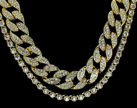 2pc Chain Set 14k Gold Plated 1 Row Cuban Link