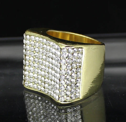 Men's Concave Pinky Ring Icy Cz 14k Gold Plated