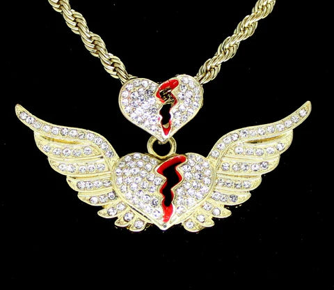 Icy Broken Heart w/ Wings CZ Pendant Necklace