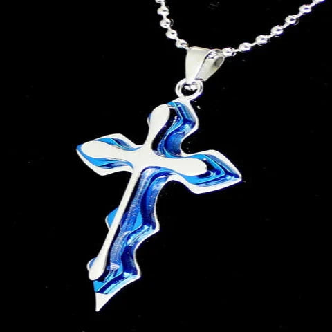 Blue Silver Unisex 3D Cross Plated Pendent Chain Set