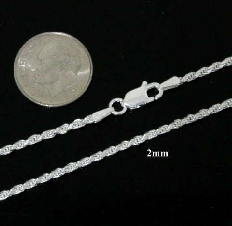 Solid Sterling 925 Silver Diamond Cut Rope Chain 