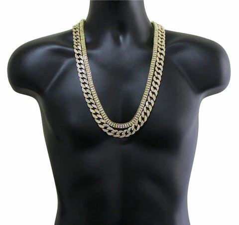 Mens 2pc Chain Set 30" Cuban + 2 Row