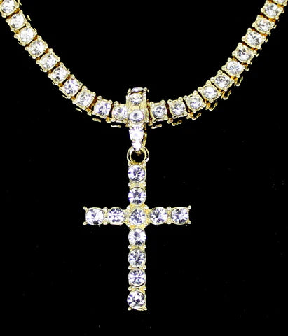 Iced CZ Cross Pendant Medallion Necklace Set