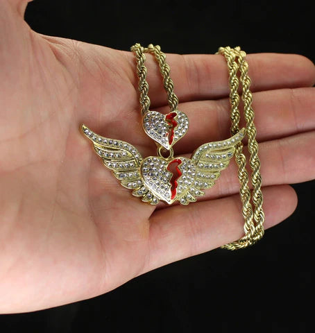 Icy Broken Heart w/ Wings CZ Pendant Necklace