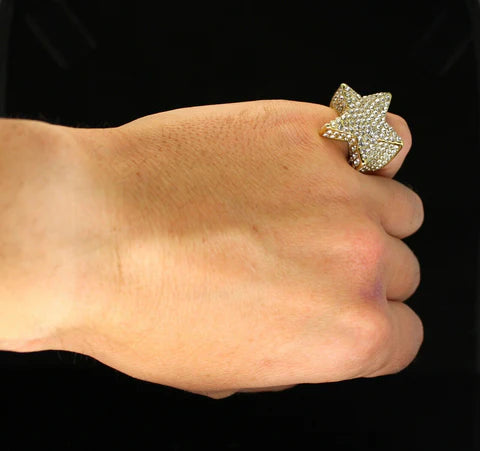 Men's Iced Star Pinky Ring Cz Band 14k Gold Plated