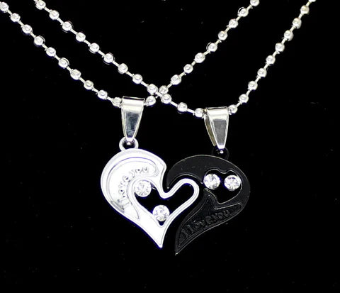 Split Heart 2pc Pendant Cubic Zirconia Ball Necklace