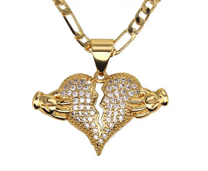 Broken Heart Iced CZ Figaro Pendant Necklace 