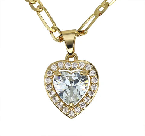 Heart Iced CZ Pendant Figaro Necklace