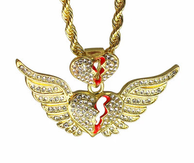 Icy Broken Heart w/ Wings CZ Pendant Necklace