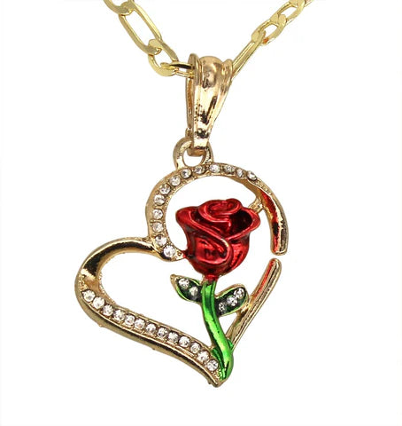 Rose Flower Heart CZ Pendant Necklace 