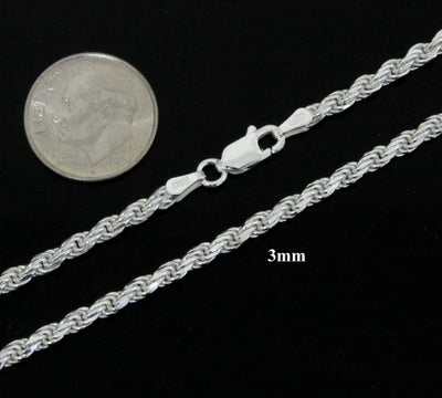 Solid Sterling 925 Silver Diamond Cut Rope Chain 